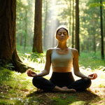 **Image Prompt:** A person meditating mindfully in a sunlit forest clearing. Focus on the serene expression and posture, with dappled light filtering through the trees. The overall mood should be calm and peaceful, reflecting the benefits of mindfulness and meditation. The color palette should be dominated by natural greens and browns, with subtle highlights of gold.