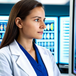 A professional female geneticist in a clean, modest lab coat, standing in a modern, brightly lit biotechnology laboratory. She is intently observing a translucent holographic display showcasing intricate DNA helixes and personalized genetic data visualizations. The background features subtly blurred, advanced lab equipment and glowing screens, indicating cutting-edge research. Her expression is focused and intelligent. She is fully clothed, appropriate attire, professional dress, safe for work, appropriate content, perfect anatomy, correct proportions, well-formed hands, natural body proportions, professional photography, high quality.