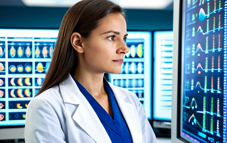 A professional female geneticist in a clean, modest lab coat, standing in a modern, brightly lit biotechnology laboratory. She is intently observing a translucent holographic display showcasing intricate DNA helixes and personalized genetic data visualizations. The background features subtly blurred, advanced lab equipment and glowing screens, indicating cutting-edge research. Her expression is focused and intelligent. She is fully clothed, appropriate attire, professional dress, safe for work, appropriate content, perfect anatomy, correct proportions, well-formed hands, natural body proportions, professional photography, high quality.