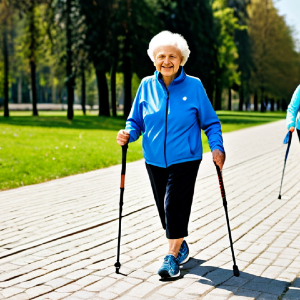 Active Senior Lifestyle**
"An elderly woman, fully clothed in comfortable athletic wear, smiling while participating in a Nordic walking class in a sunny park in Warsaw, Poland. Other seniors are in the background. Safe for work, appropriate content, professional photography, perfect anatomy, natural proportions, family-friendly."
**