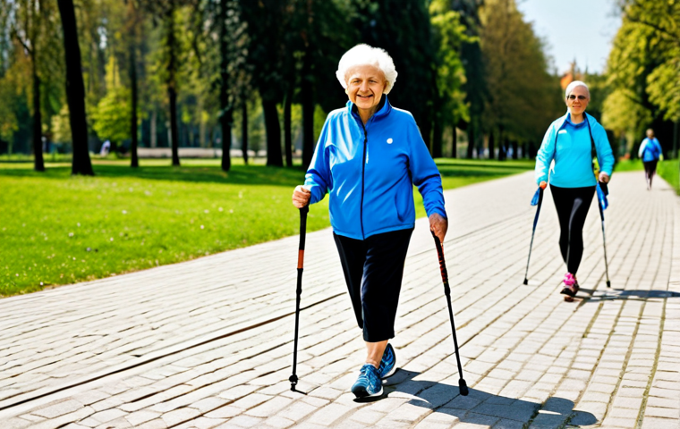 Active Senior Lifestyle**
"An elderly woman, fully clothed in comfortable athletic wear, smiling while participating in a Nordic walking class in a sunny park in Warsaw, Poland. Other seniors are in the background. Safe for work, appropriate content, professional photography, perfect anatomy, natural proportions, family-friendly."
**