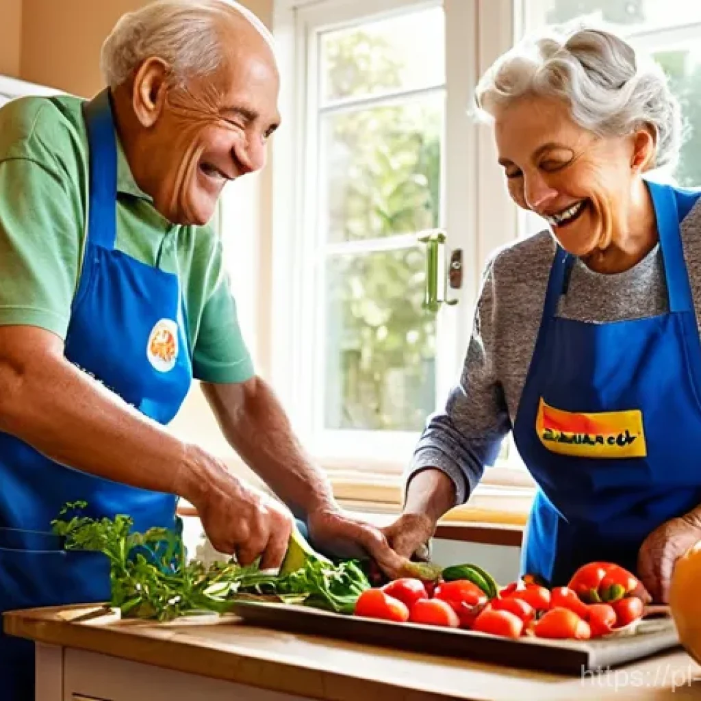 장수 연구에서의 장기 추적 연구 - **"Blue Zone Kitchen Community"**
A diverse group of cheerful seniors, aged 65-85, are gathered ...
