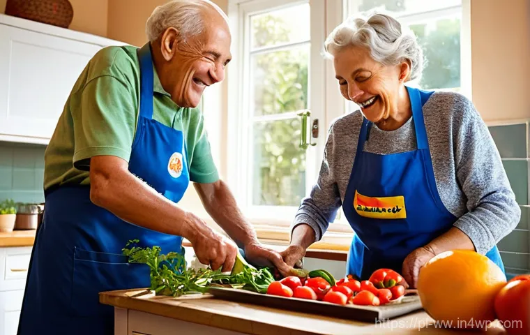 장수 연구에서의 장기 추적 연구 - **"Blue Zone Kitchen Community"**
A diverse group of cheerful seniors, aged 65-85, are gathered ...