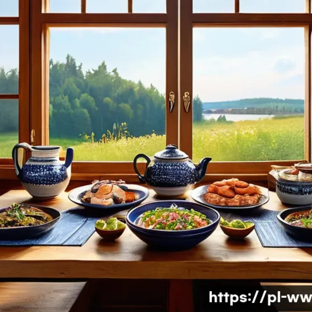 장수와 관련된 뇌 기능 개선 방법 - A vibrant and cozy Polish kitchen scene featuring a wooden table with fresh seafood dishes rich in o...