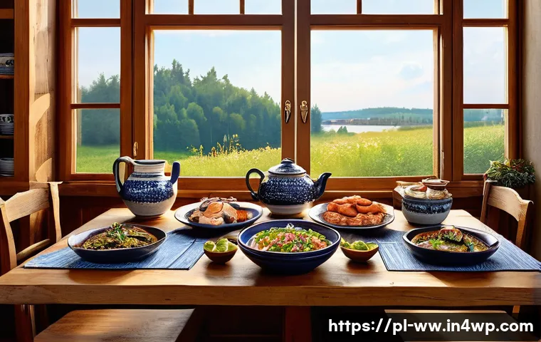 장수와 관련된 뇌 기능 개선 방법 - A vibrant and cozy Polish kitchen scene featuring a wooden table with fresh seafood dishes rich in o...