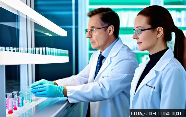 장수 연구의 임상적 응용 - A futuristic medical laboratory scene showcasing advanced biomarker analysis for aging diagnostics, ...