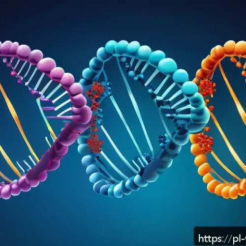 Home 30 장수와 관련된 유전적 다양성 연구 - A detailed scientific illustration of human DNA strands with highlighted gene segments involved in l...