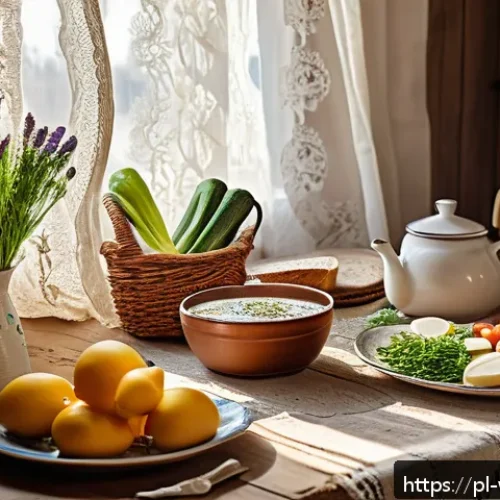 Home 17 장수와 관련된 건강한 라이프스타일 - A cozy Polish family breakfast scene in a traditional home kitchen, featuring a wooden table set wit...