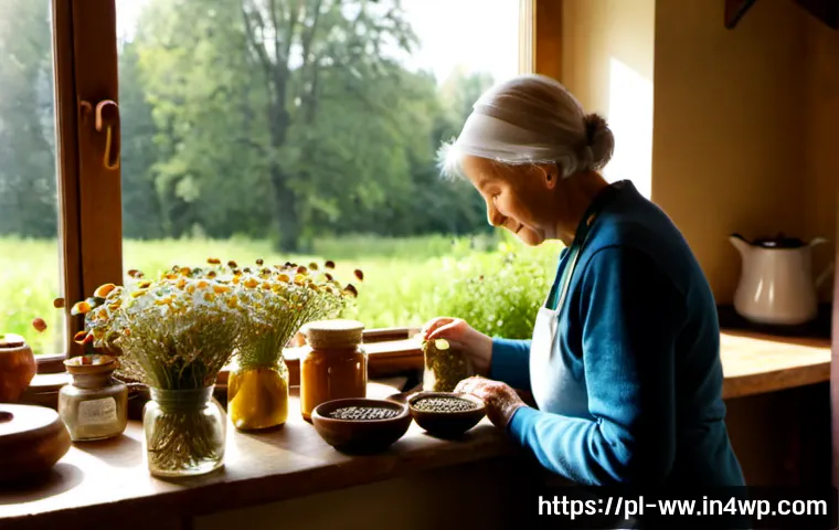Home 17 장수와 관련된 전통 의학의 역할 - Photorealistic Polish traditional herbal medicine scene, an elderly Polish woman in a cozy countrysi...